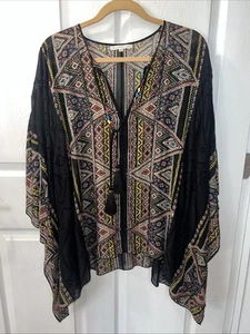 Johnny Was Women's Oversized Black Cotton Silk Aztec Beaded Poncho Blouse Size M - Picture 1 of 5