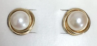 Vintage 14k Yellow Gold 6.5mm Genuine Pearl Love Knot Stud Earrings 1.56g X22 - Image 1 of 4