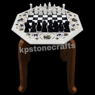 Jeu d'échecs ancien en marbre 13 x 13 po | incrustation faite main avec semi-... - Photo 1/4