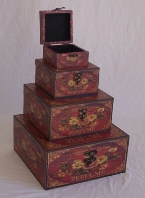 439 Massivholz Box 4er Set  mit Leinenoptik Schatzkiste Holzkiste Holzbox - Bild 1 von 4