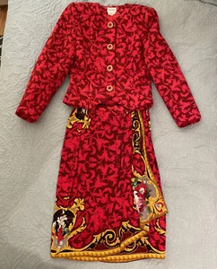 1980s Raul Blanco Silk Skirt Suit Set Vintage Size 8 Geometric Floral Blazer - Picture 1 of 17