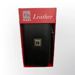 Mundi Damen schwarz gebundenes Leder doppelter umlaufender Reißverschluss Geldbörse Organizer - Bild 1 von 8