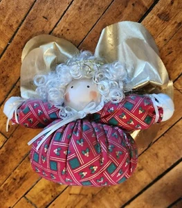 Vintage Handarbeit Weihnachten Stoff Engel 8 Zoll groß Figur Dekor mit Holz Kopf - Bild 1 von 5