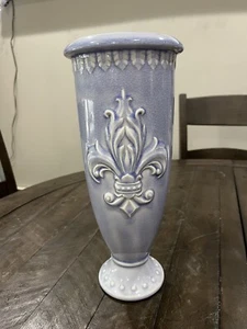 Square Nest Fleur De Lis 13” Vase Renee DuBois Periwinkle Purple - Picture 1 of 7