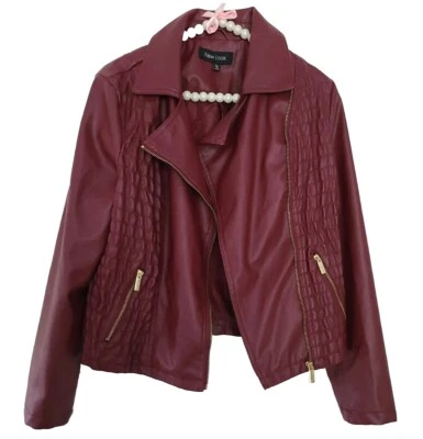 New Look Burgundy Polyurethane Rayon Leather Look Moto Jacket Size Large - Image 1 of 4