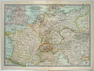 Central Europe - Original 1902 Travel Map  by The Century Company. Antique