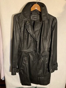 Genuine Blk Leather Trench Coat Jacket Size L Belted - Picture 1 of 12