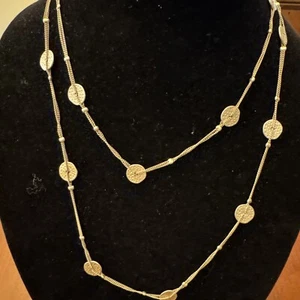 Vintage Long Necklace Silver Tone With Hammered Coin Inserts 42” 926 - Picture 1 of 9