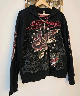 Ed Hardy Black Hoodie Embroidered Death Before Dishonor Eagle XL Y2K  - Image 1 of 4