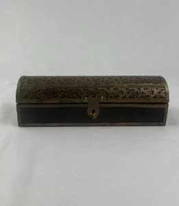 VTG Qalamdan Pen Box Hinged Wooden Trinket Box Pierced Brass Overlay EUC - Picture 1 of 8