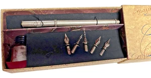 Vintage AM Romanov Calligraphy Set Boxed Silver Stylus Habsburg Crest 5 Nibs - Picture 1 of 5