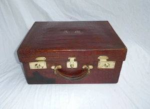Antique - Crocodile Suitcase - Case - Unusual Triple Brammah Lock - Picture 1 of 18