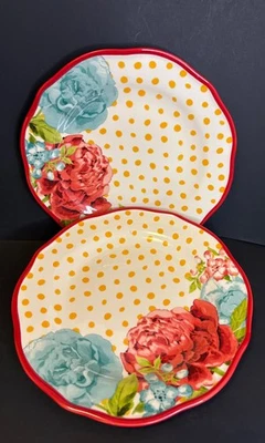 PIONEER WOMAN Set of 2 Salad plates 8.5" Yellow polka dots & Flowers, Red Rim - Image 1 of 4