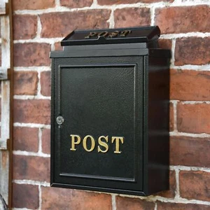 Black Wall Mounted Post Box With Gold Text - Picture 1 of 5