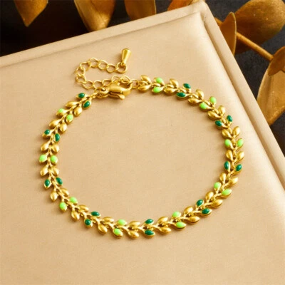 Brazalete brazalete de cadena de hoja de esmalte verde de acero inoxidable enchapado en oro de 18 quilates para mujer Foto 1 de 4