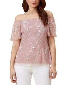 Blusa básica para mujer Adrianna Papell 0 manga corta fuera del hombro D440 $159 - Imagen 1 de 6