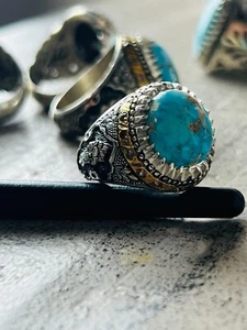 Natural Neyshabur Turquoise Ring Men's Silver 925 & rhodium - 10.5 US - Picture 1 of 6