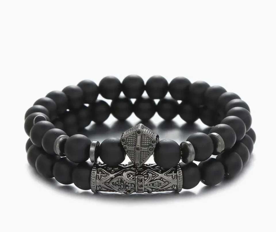 Men's Retro Bracelets Black Matte Stone Zircon Round Tube Charm Stretch Bracelet - Image 1 of 1