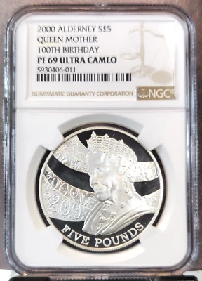 2000 ALDERNEY SILVER 5 POUNDS QUEEN MOTHER NGC PF 69 ULTRA CAMEO RARE TOP POP - Image 1 of 3