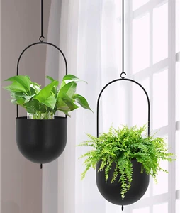 Set of 2 Metal Hanging Planters - Flower Pots Matte Black - Big Size Pots - Mid - Picture 1 of 12