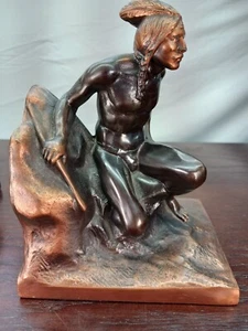 Vintage Bronze Native American Indian Brave Scout Sculpture Bookends 1930's - Picture 1 of 14