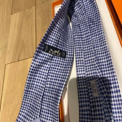 HERMES Plaid All-over Pattern 100% Silk Tie Men With Box Genuine USED - Image 1 of 3