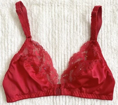 Vintage 80s Red Nylon Bra *32B* NICE N SPICY Sheer Lace Wireless Brassiere - Image 1 of 4