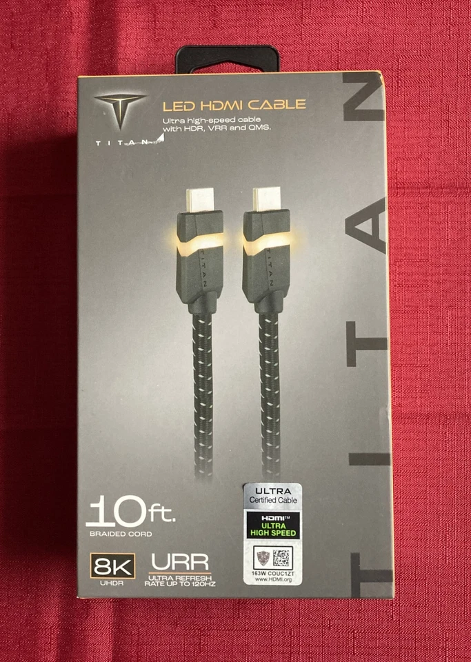 Titan 8K UHDR HDMI High Speed Braided Cable 10 ft Amber LED Light HDR