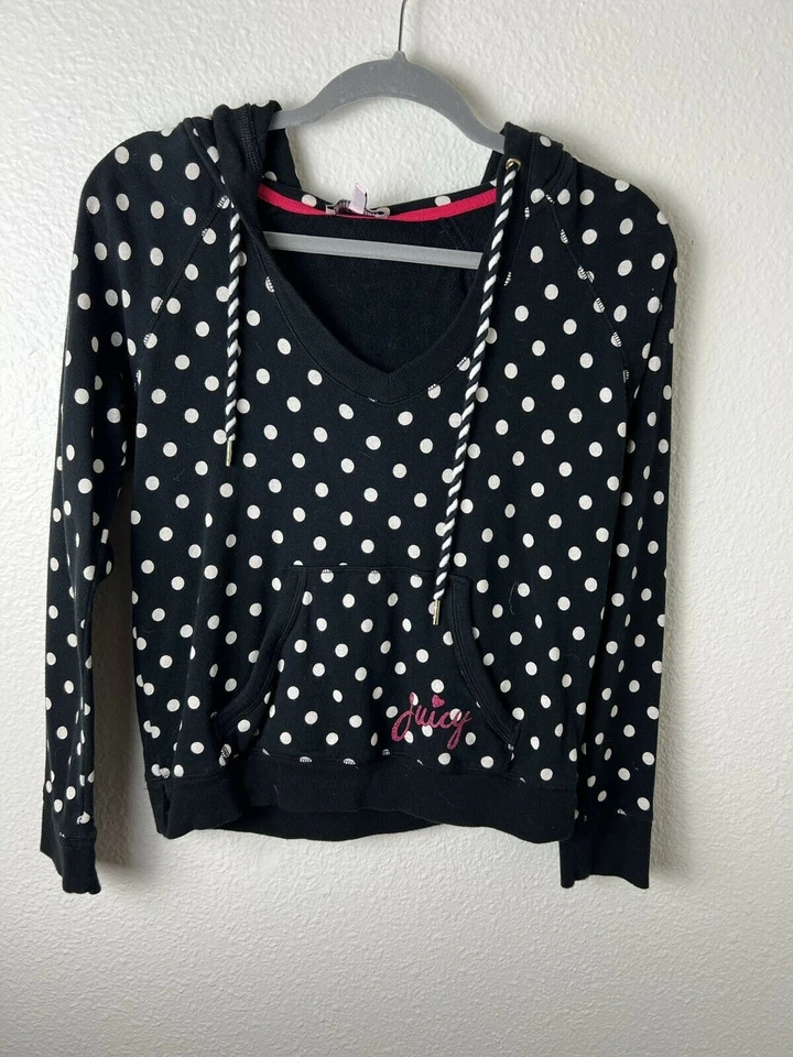 Juicy Couture Black White Polka Dot Hoodie Sweatshirt Pullover 100% Cotton Small - Image 1 of 4