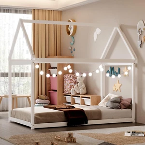 Twin House Bed, Wood Montessori Bed Frame with House Roof Canopy, Low Floor Bed - Picture 1 of 9