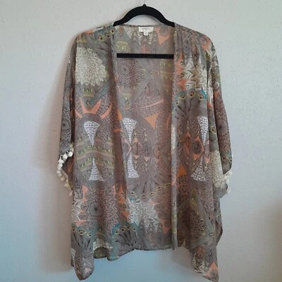 Umgee Boho Gran Tamaño Pluma de Pavo Real Tribal Abierto Kimono Plumero Topper Talla S/M Foto 1 de 4