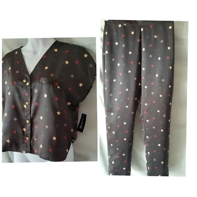 INC Black Pajama Set Short Sleeve Pant Stars Print X-SMALL  42 " BUST - Image 1 of 4