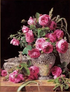 Victorian Trading Pink Roses in a Crystal Vase by Waldmiller Unframed Print PA11 - Picture 1 of 1