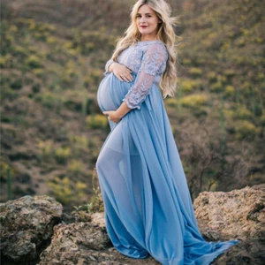 Pregnant Women Long Tail Dress Maternity Lace Chiffon Gown For Photography Shoot - Picture 1 of 32