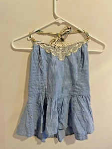 Top Free People blu a righe con ferretto taglia 6 peplo vita orlo ricamato cotone - Foto 1 di 3