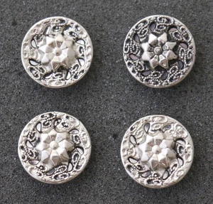 4 Vintage Floral Rosette Silver Tone Buttons. Metal Cutout Self-Shank Buttons - Picture 1 of 3