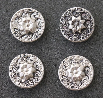 4 Vintage Floral Rosette Silver Tone Buttons. Metal Cutout Self-Shank Buttons - Image 1 of 3