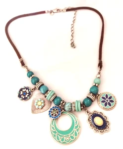 TURQUOISE ENAMEL PENDANTS & BEADS NECKLACE - WESTERN STYLE DESIGN -POSH & CASUAL - Picture 1 of 9