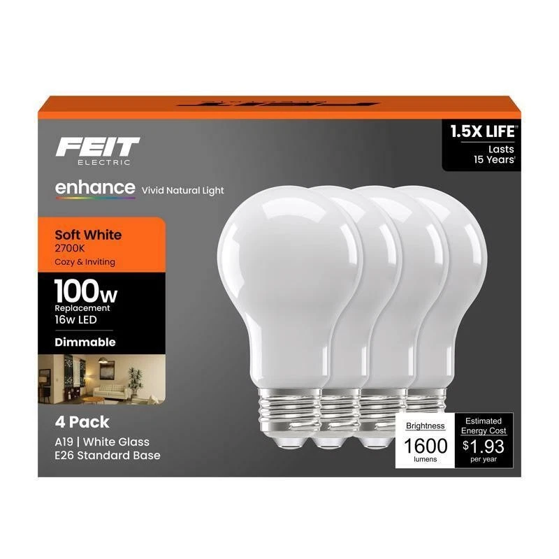 Feit A19 E26 (Medium) LED Bulb Soft White 100 Watt Equivalence 4 pk - Image 1 of 1
