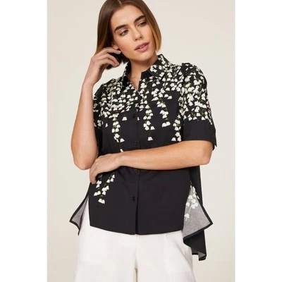 Top Adam Lippes Talla 6 Negro Estampado Floral Trapecio Manga Corta Abotonado Arte Deco Foto 1 de 4