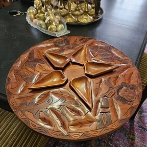 Vintage Carved Wooden Serving Tray With 5 Wooden Bowls  - Picture 1 of 14