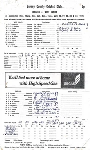 ENGLAND V WEST INDIES ~  CRICKET SCORECARD AT THE OVAL ~ JULY 1973 - Picture 1 of 1