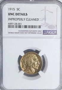 1915 p Buffalo Nickel GEM BU gold toning Improperly Cleaned - NGC UNC Details - - Picture 1 of 4