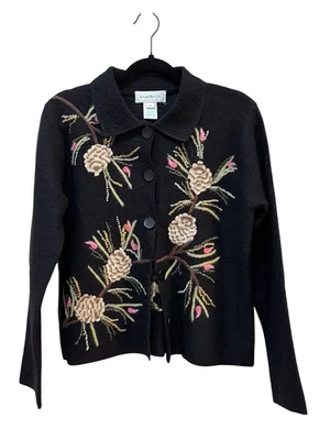 Susan Bristol Women Embroidered Cardigan Sweater Size Medium 100% Wool 90’s Y2K - Image 1 of 4