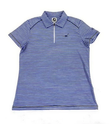 Blusa polo feminina FootJoy 1/2 zíper campo logotipo urze listra azul golfe grande - Imagem 1 de 4