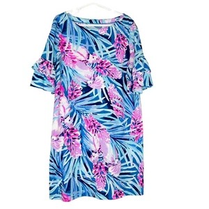 Lilly Pulitzer Mini Lula Dress Girls Size Large Pink Blue Tropical Mr Peacock - Picture 1 of 8