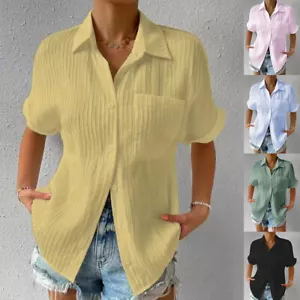 Womens Solid Casual Blouse Ladies Button T Shirt Short Sleeve Tunic Tops Summer➳ - Picture 1 of 23