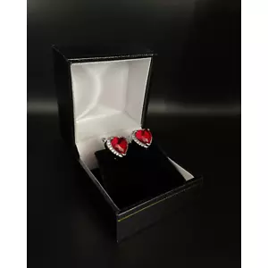 WHITE GOLD FINISH Red Ruby Created Diamond Heart Cut Droplet Earrings - Picture 1 of 5