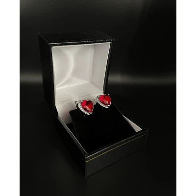 WHITE GOLD FINISH Red Ruby Created Diamond Heart Cut Droplet Earrings - Image 1 of 4