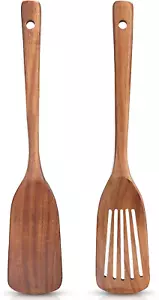Wooden Utensil Set Non Toxic 2 Pack Acacia Wood Cooking Spatula Slotted Kitchen - Picture 1 of 12